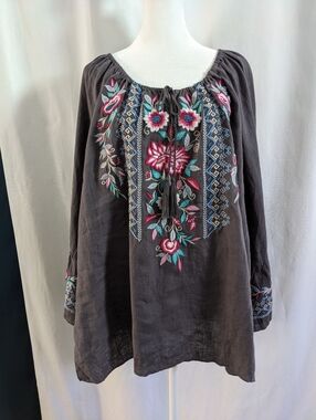 Kyla Seo Embroidered Top Flare Sleeve Linen Blouse XL